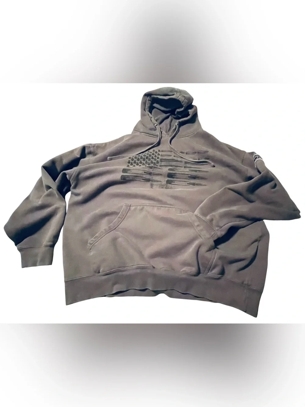 Grunt Style Crewneck Distressed Pullover Hoodie American Flag Graphic Grey XL